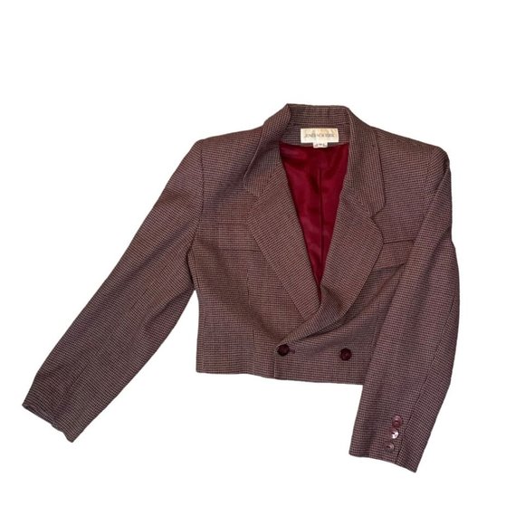 Jones New York Cropped Blazer Burgundy and Grey Checkered - Picture 2 of 5